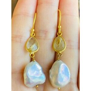 New 18k yellow gold over sterling golden rutile quartz baroque pearl earrings